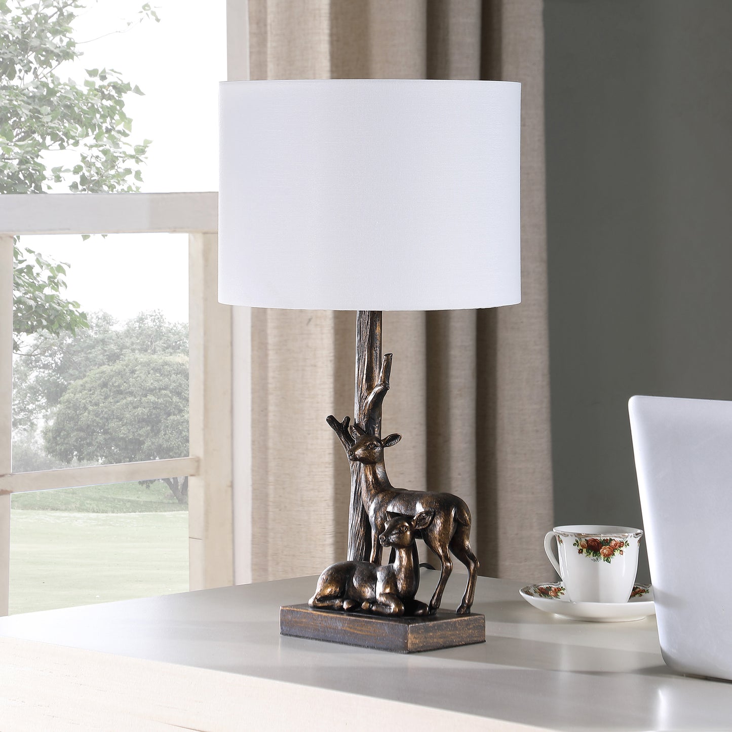 19.75" In Capreolus Bronze Western Roe Deers Polyresin Table Lamp