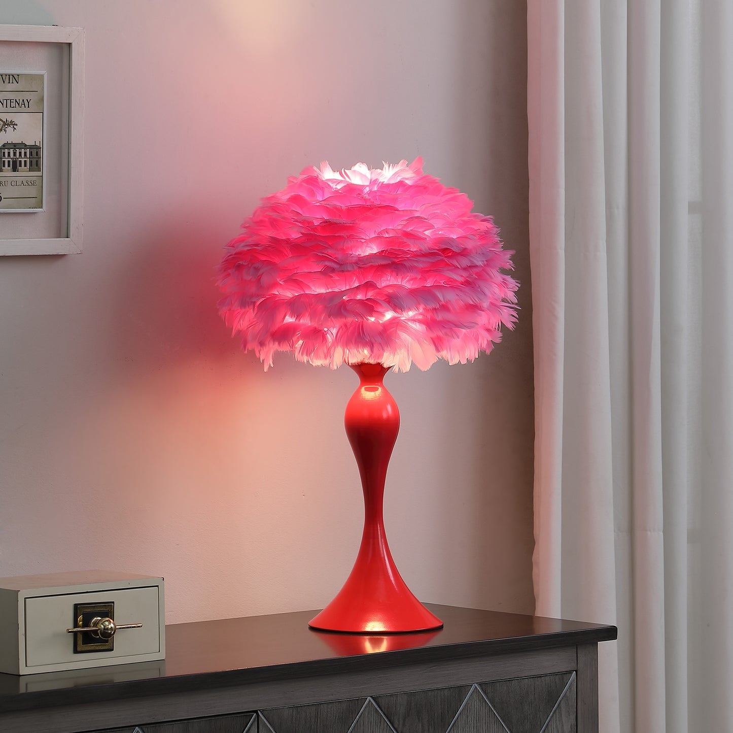 18.25"In Medium Pink Feather Aquina Glaze Red Metal Contour Glam Table Lamp