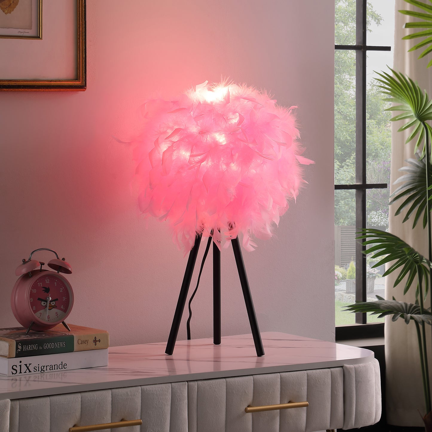 20.5" In Hot Pink Feather Shade Tripod Modern Metal Table Lamp