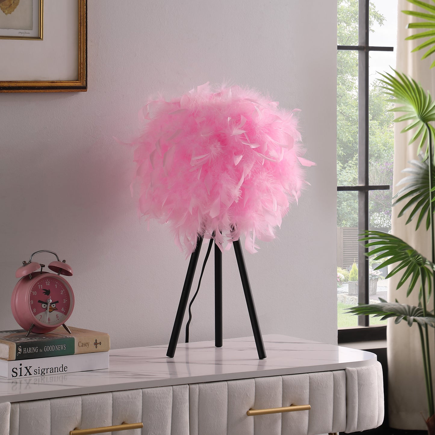 20.5" In Hot Pink Feather Shade Tripod Modern Metal Table Lamp