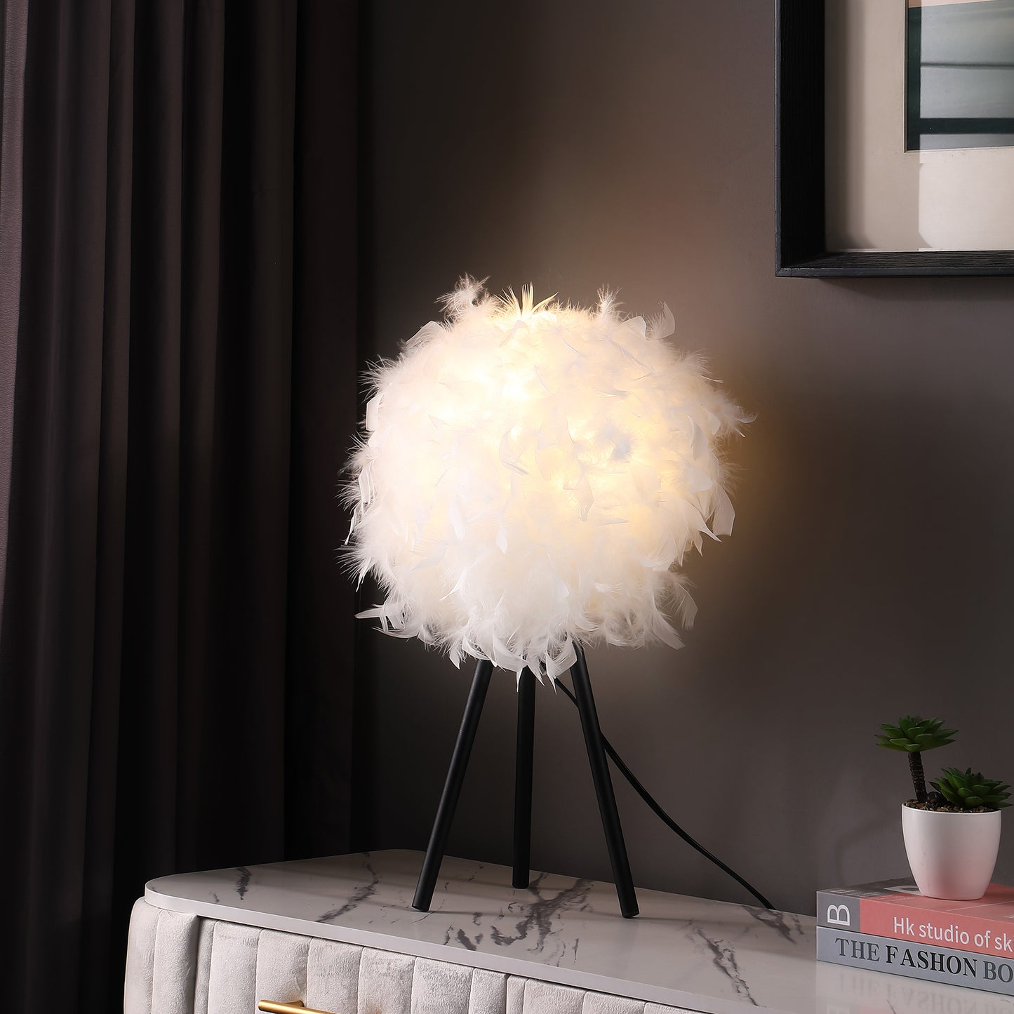 20.5" In Pure White Feather Shade Tripod Modern Metal Table Lamp