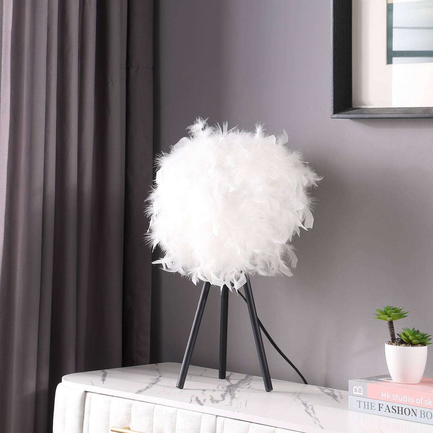 20.5" In Pure White Feather Shade Tripod Modern Metal Table Lamp