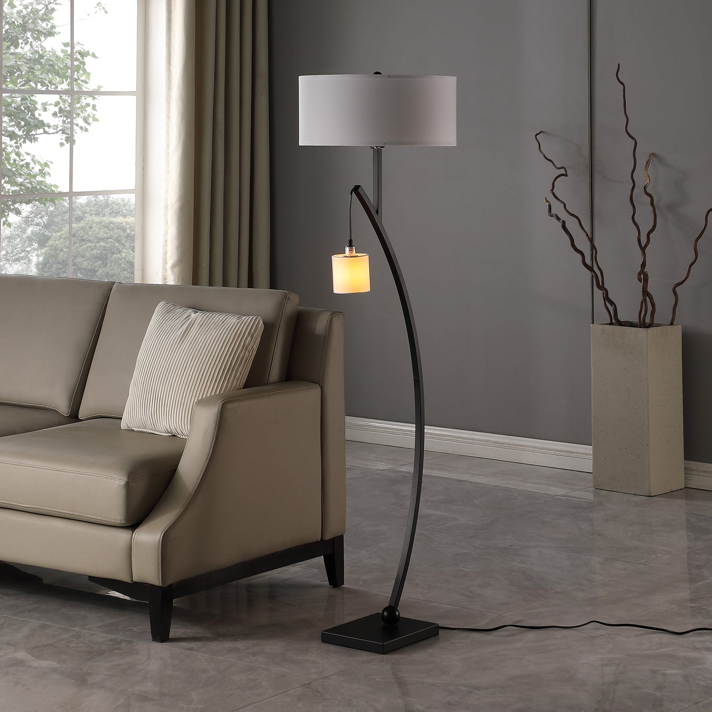 59" In Contemporary Dual Black Arc W/ Hanging Pendelum Lamp Metal Floor Lamp