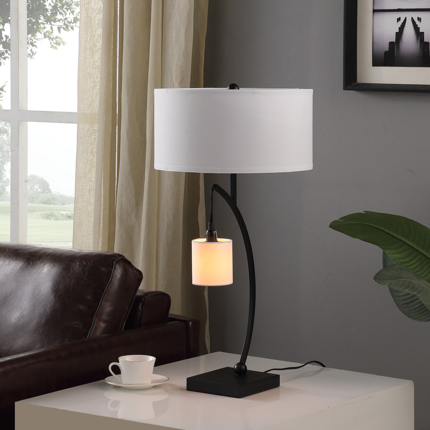 28.5" In Contemporary Dual Black Arc W/ Hanging Pendelum Lamp Metal Table Lamp