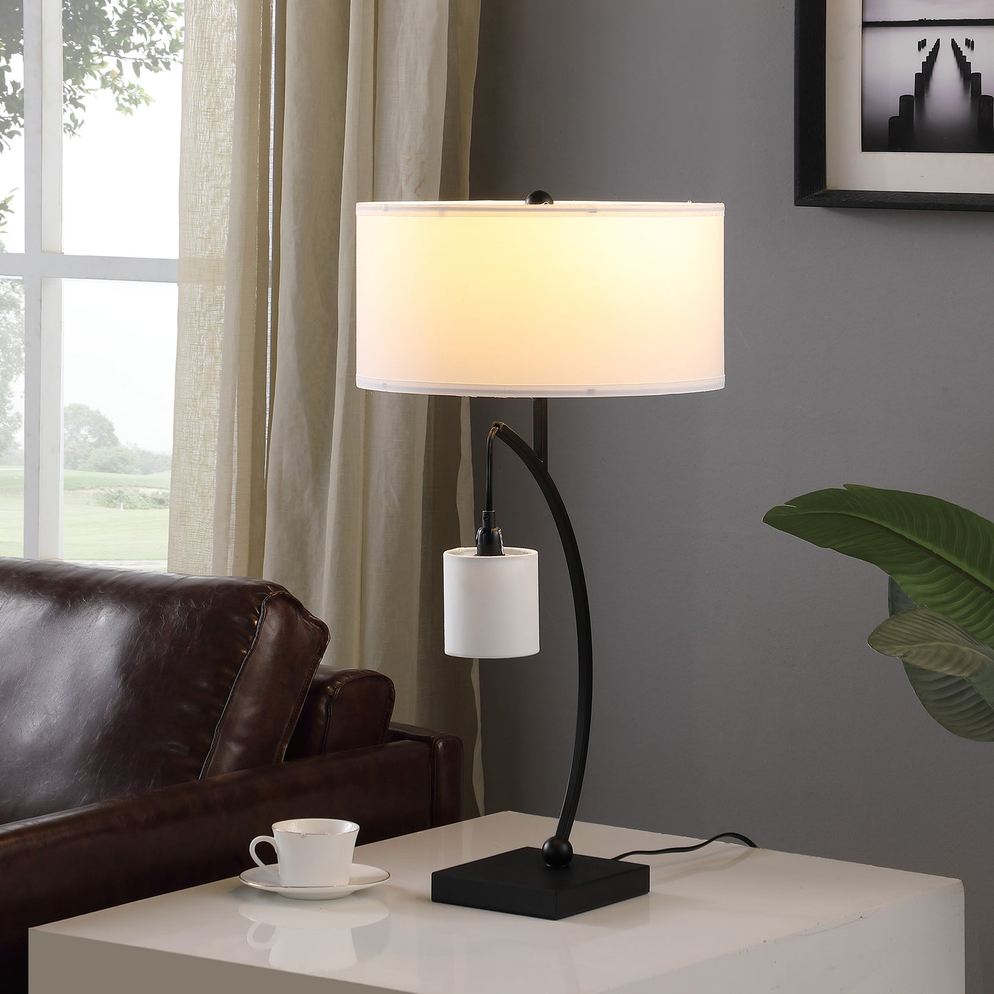 28.5" In Contemporary Dual Black Arc W/ Hanging Pendelum Lamp Metal Table Lamp