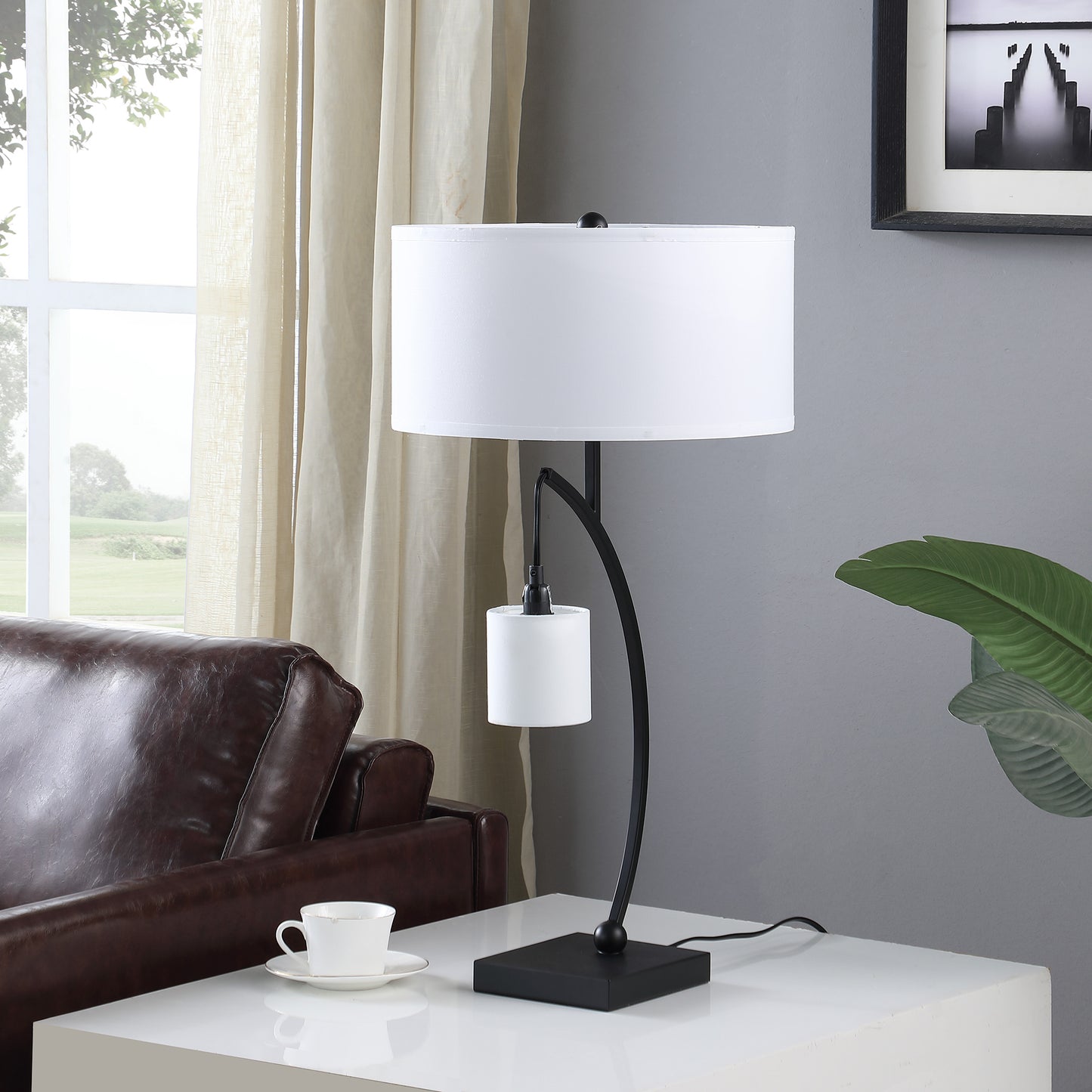 28.5" In Contemporary Dual Black Arc W/ Hanging Pendelum Lamp Metal Table Lamp