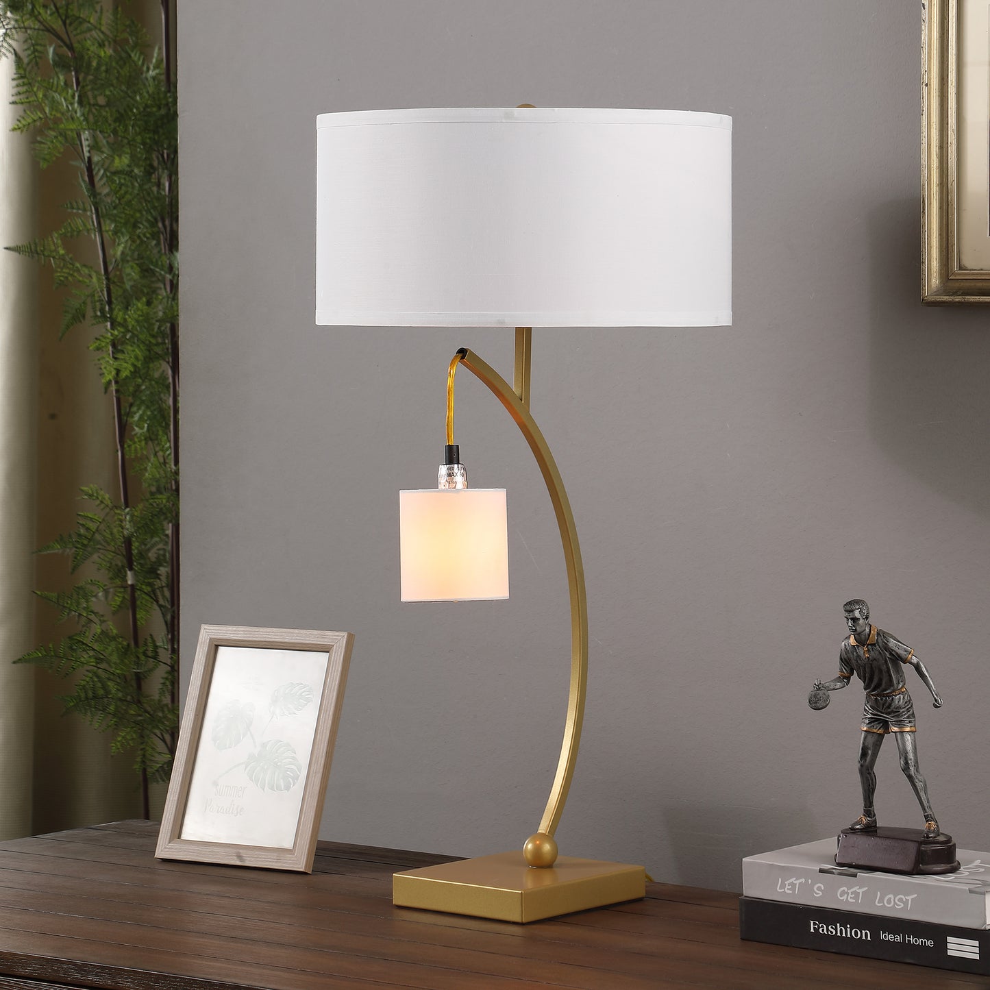 28.5" In Contemporary Dual Gold Arc W/ Hanging Pendelum Lamp Metal Table Lamp