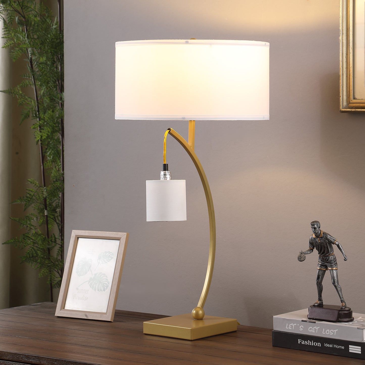 28.5" In Contemporary Dual Gold Arc W/ Hanging Pendelum Lamp Metal Table Lamp
