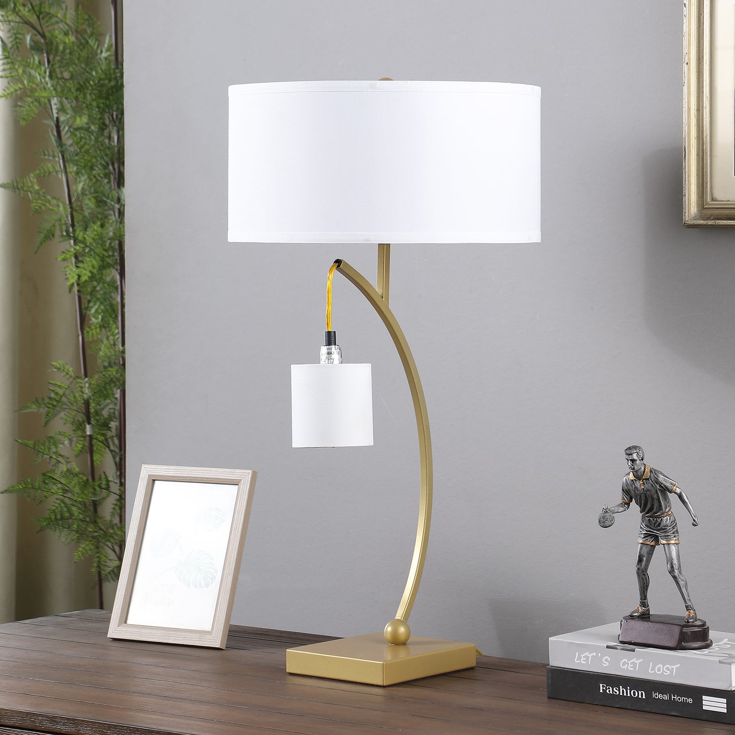 28.5" In Contemporary Dual Gold Arc W/ Hanging Pendelum Lamp Metal Table Lamp