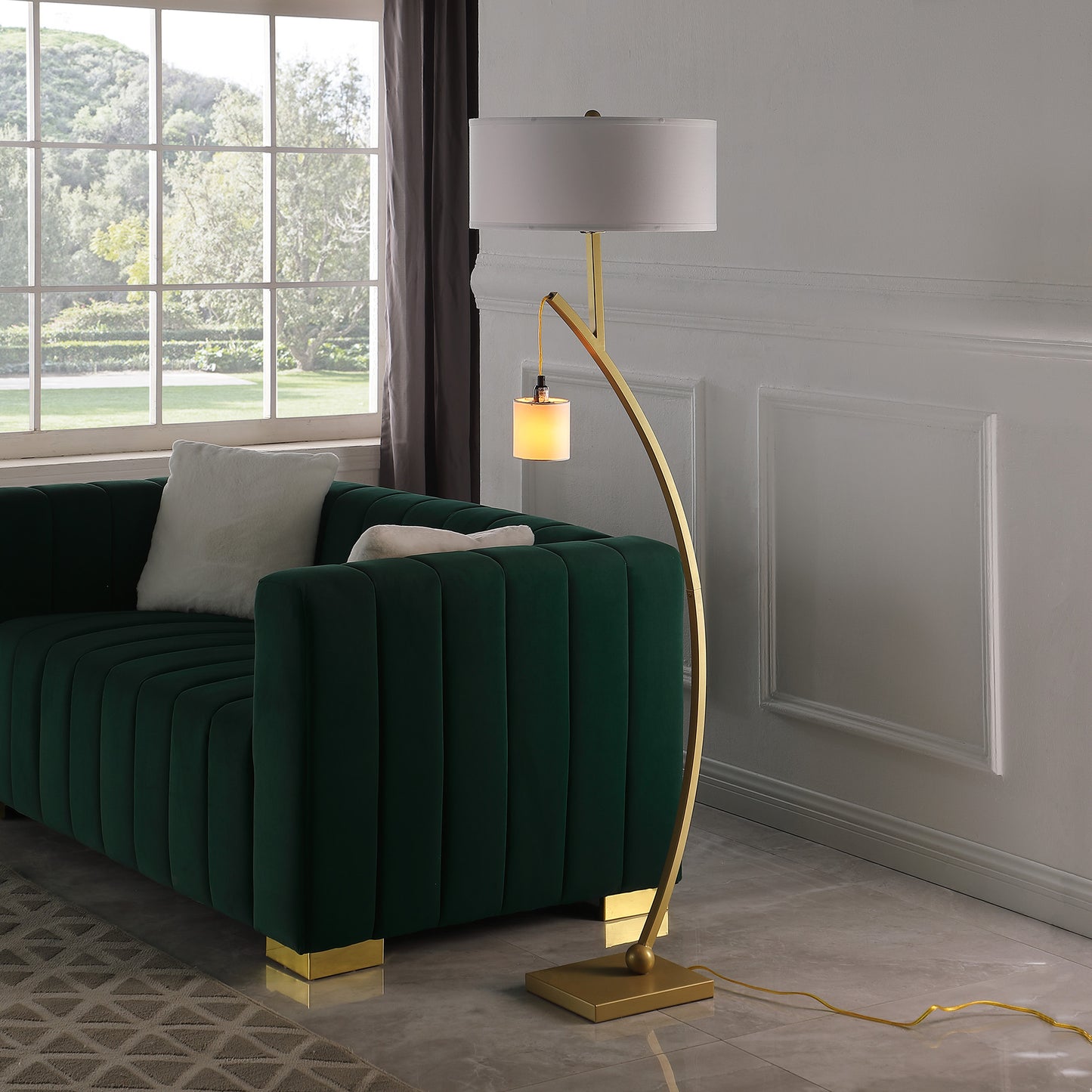 59" In Contemporary Dual Gold Arc W/ Hanging Pendelum Lamp Metal Floor Lamp