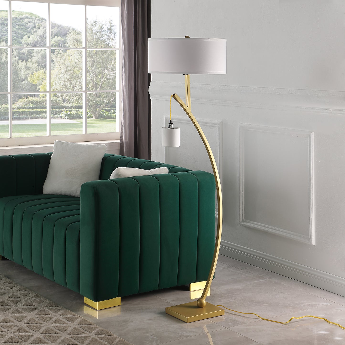 59" In Contemporary Dual Gold Arc W/ Hanging Pendelum Lamp Metal Floor Lamp
