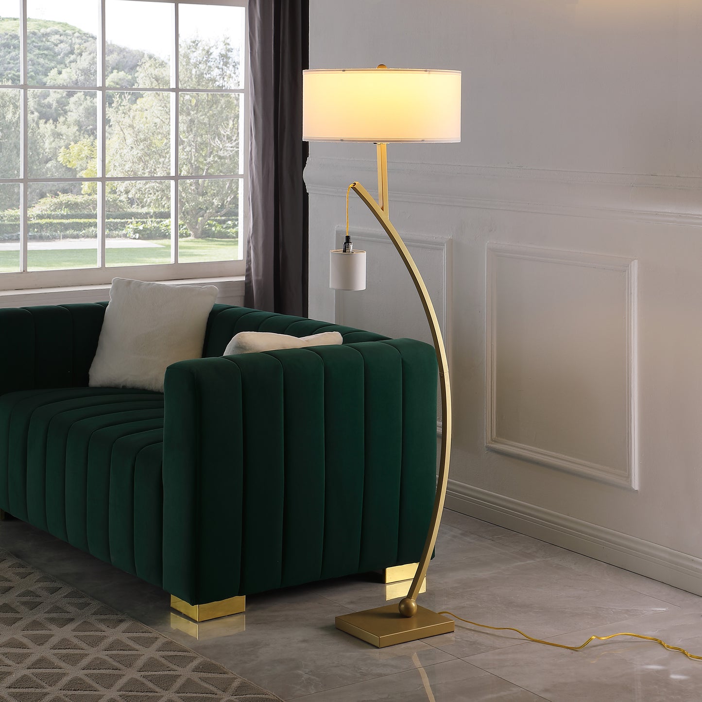 59" In Contemporary Dual Gold Arc W/ Hanging Pendelum Lamp Metal Floor Lamp