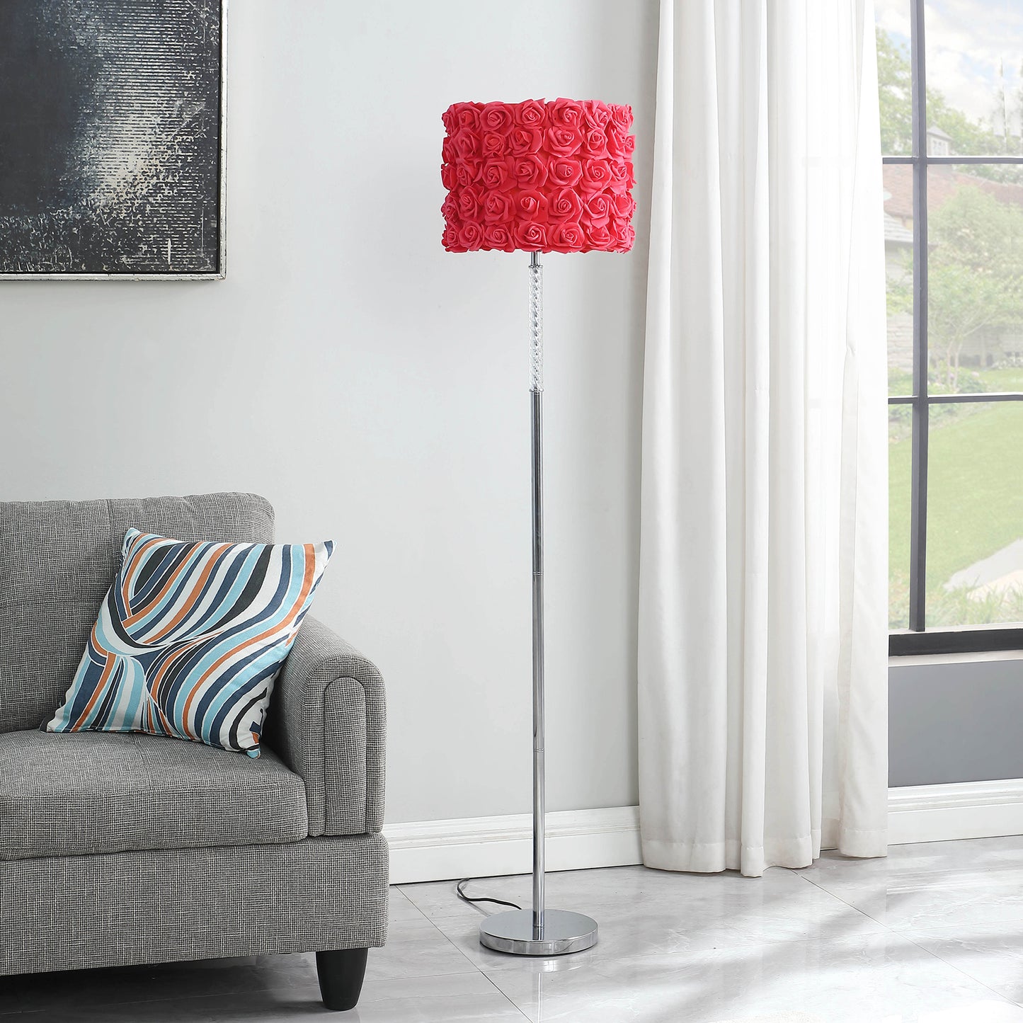 63"In Red Roses In Bloom Acrylic/metal Floor Lamp