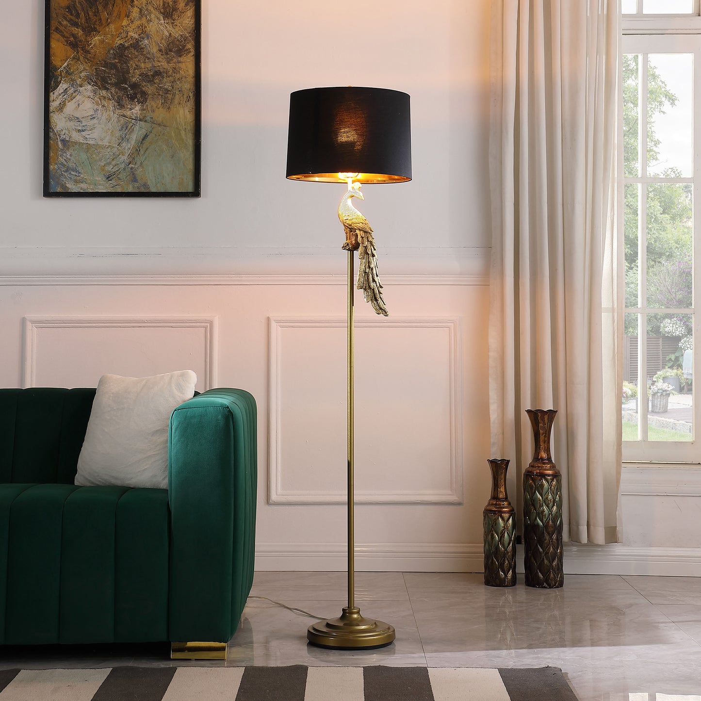 64.5" In Modern Elegance Golden Peacock On A Pedestal Polyresin Floor Lamp