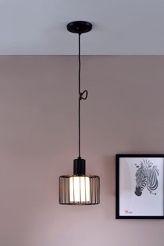 10.25"In Black Wire Cage Barnyard Frosted Glass Shade Hard-wired Pendant Ceiling