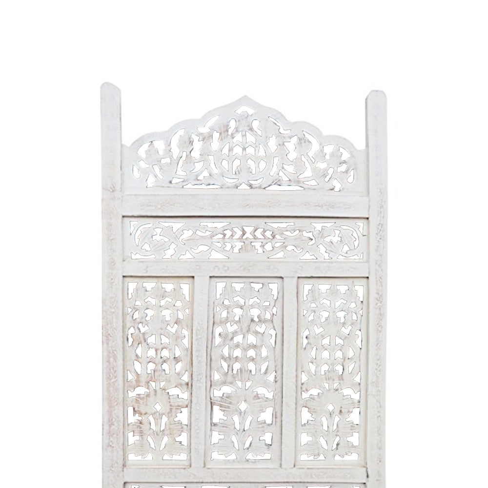 Aesthetically Carved 4 Panel Wooden Partition Screen/Room Divider, Distressed White