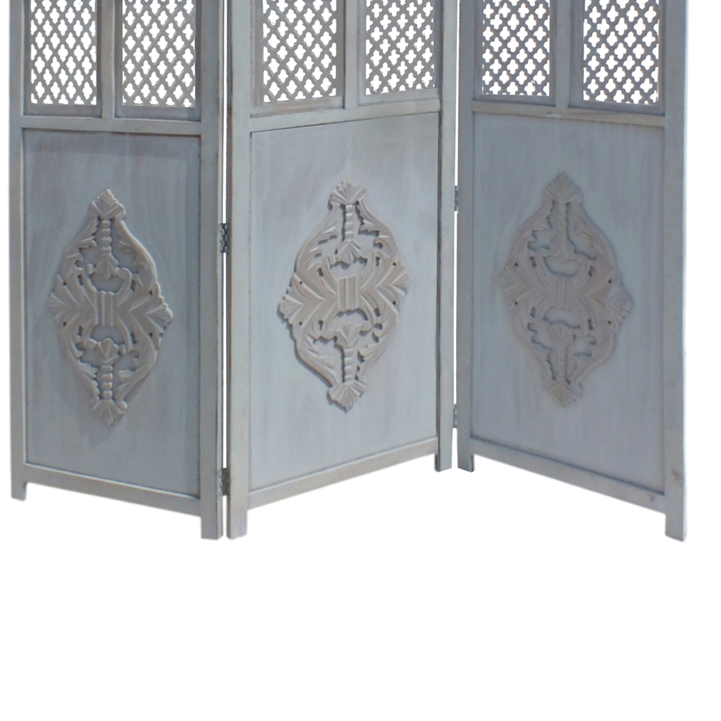 Three Panel Wooden Room Divider with Traditional Carvings and Cutouts, Blue