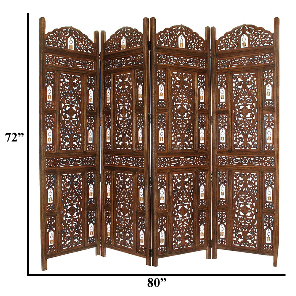 Handcrafted Wooden 4 Panel Room Divider Screen With Tiny Bells Reversible