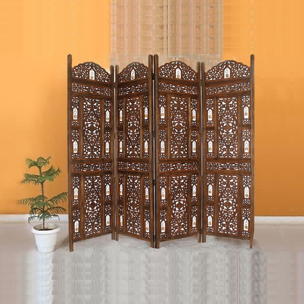 Handcrafted Wooden 4 Panel Room Divider Screen With Tiny Bells Reversible