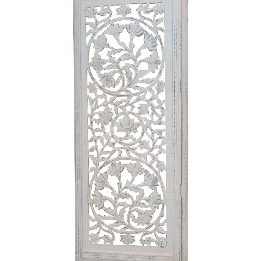 Handcrafted Wooden 4 Panel Room Divider Screen Featuring Lotus Pattern Reversible White