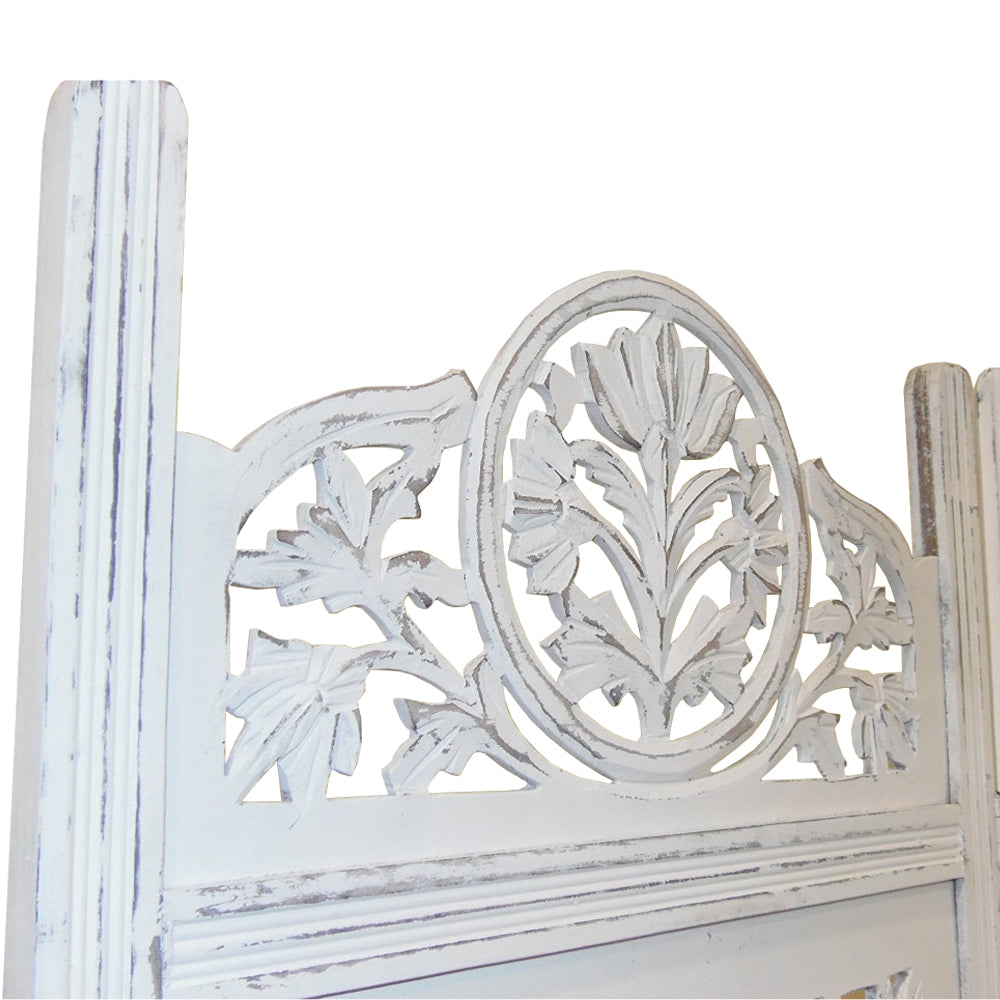 Handcrafted Wooden 4 Panel Room Divider Screen Featuring Lotus Pattern Reversible White