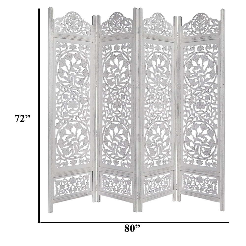 Handcrafted Wooden 4 Panel Room Divider Screen Featuring Lotus Pattern Reversible White