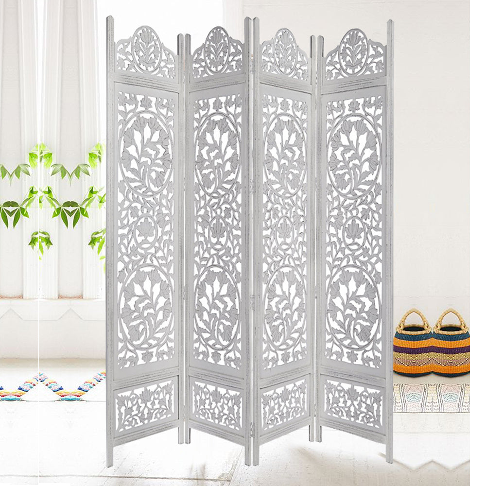 Handcrafted Wooden 4 Panel Room Divider Screen Featuring Lotus Pattern Reversible White
