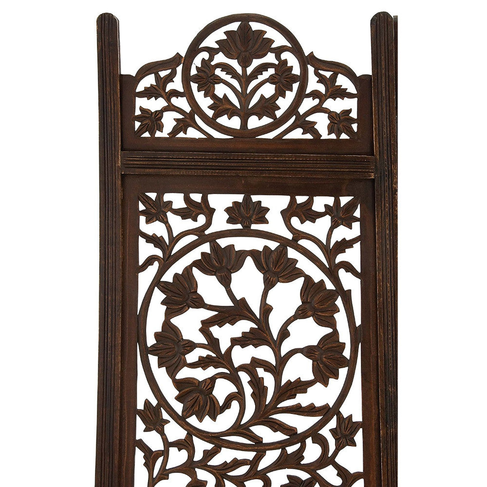 Handcrafted Wooden 4 Panel Room Divider Screen Featuring Lotus Pattern Reversible Brown