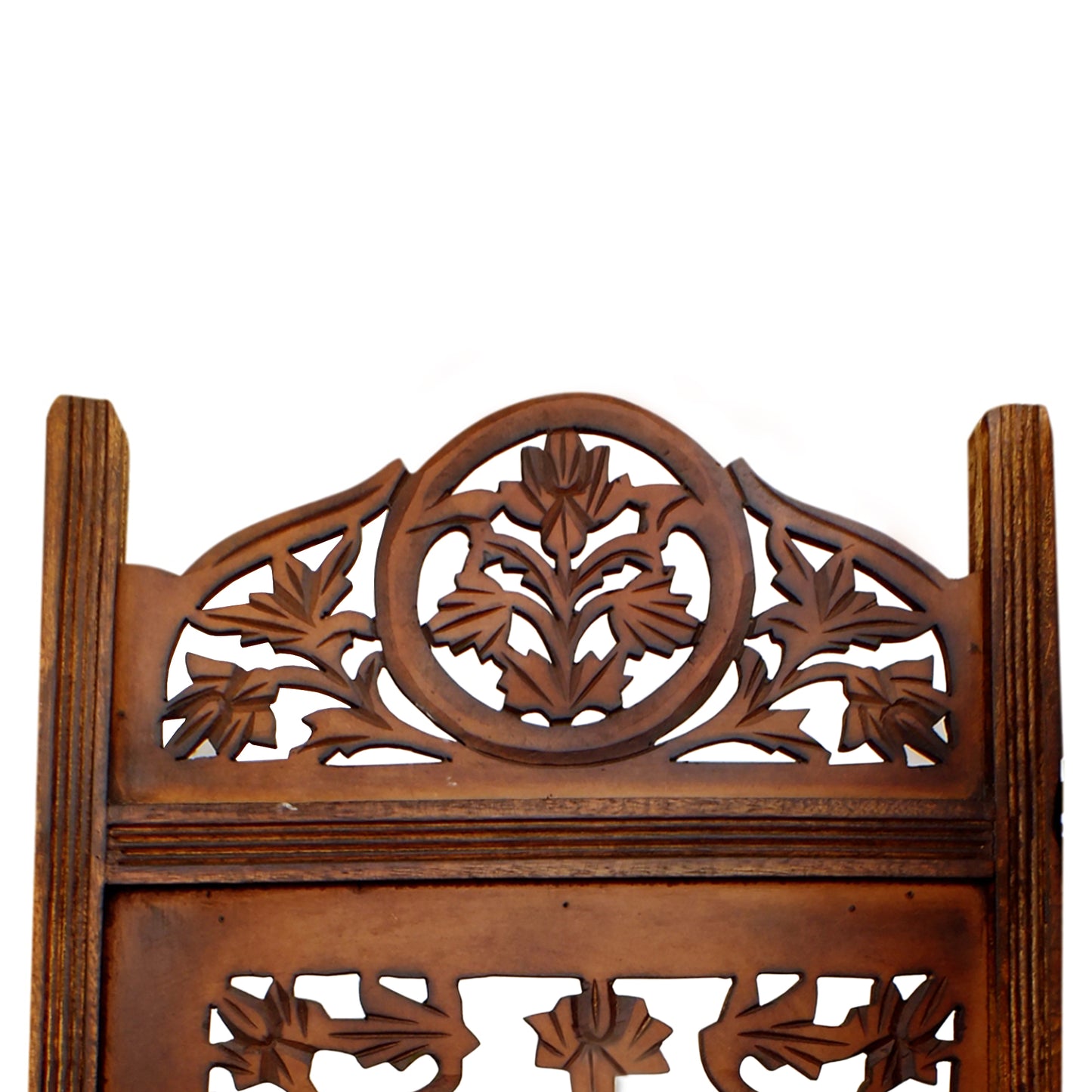 Handcrafted Wooden 4 Panel Room Divider Screen Featuring Lotus Pattern Reversible Brown