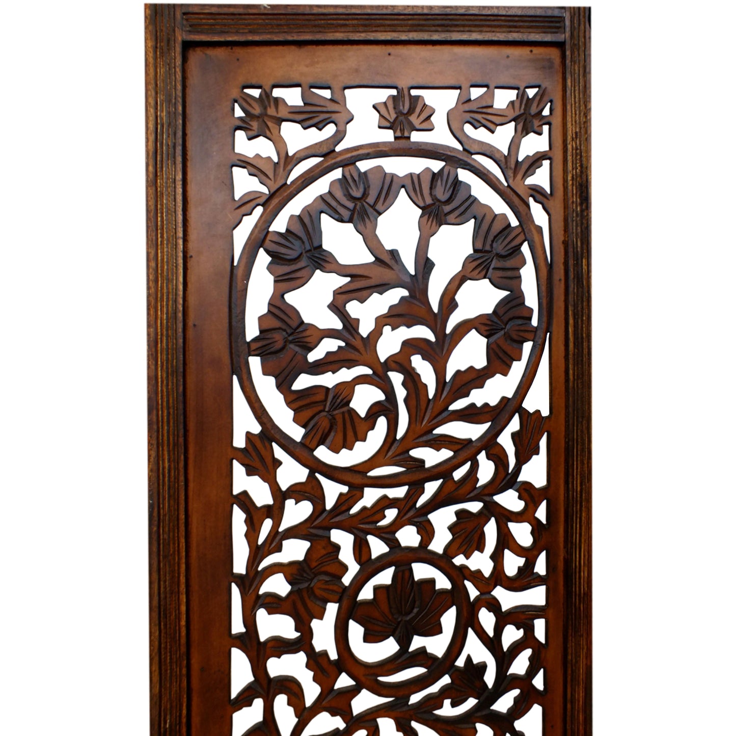 Handcrafted Wooden 4 Panel Room Divider Screen Featuring Lotus Pattern Reversible Brown