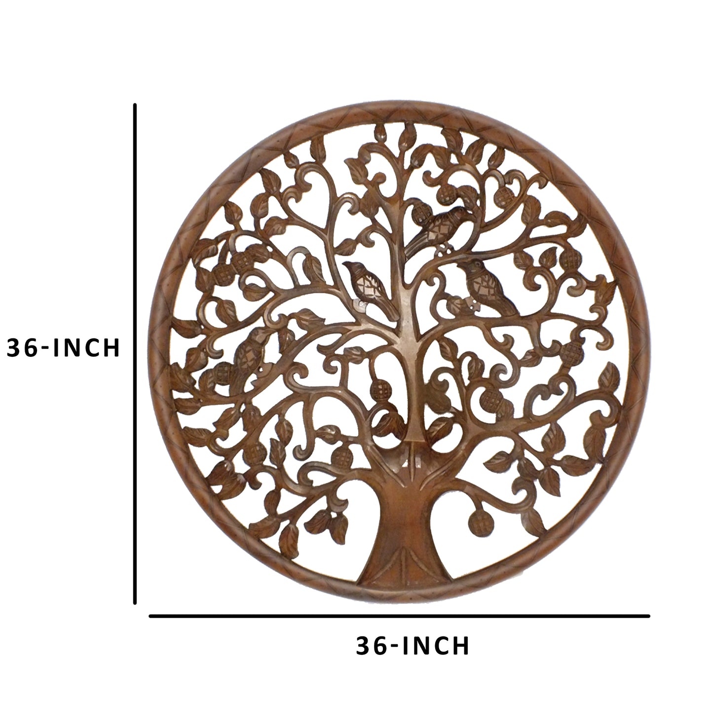 36 Inch Round Wooden Wall Art Decor Tree Of Life Art Carved Cutout Design Sitting Birds Walnut