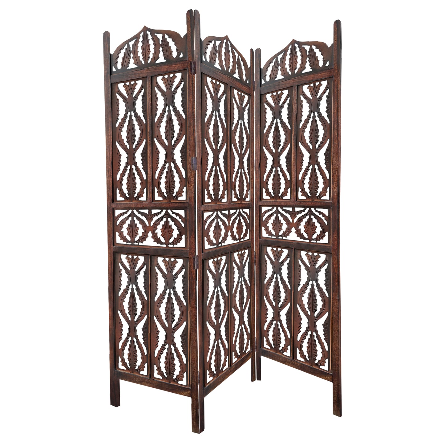 Decorative 3 Panel Mango Wood Screen With Abstract Carvings Brown