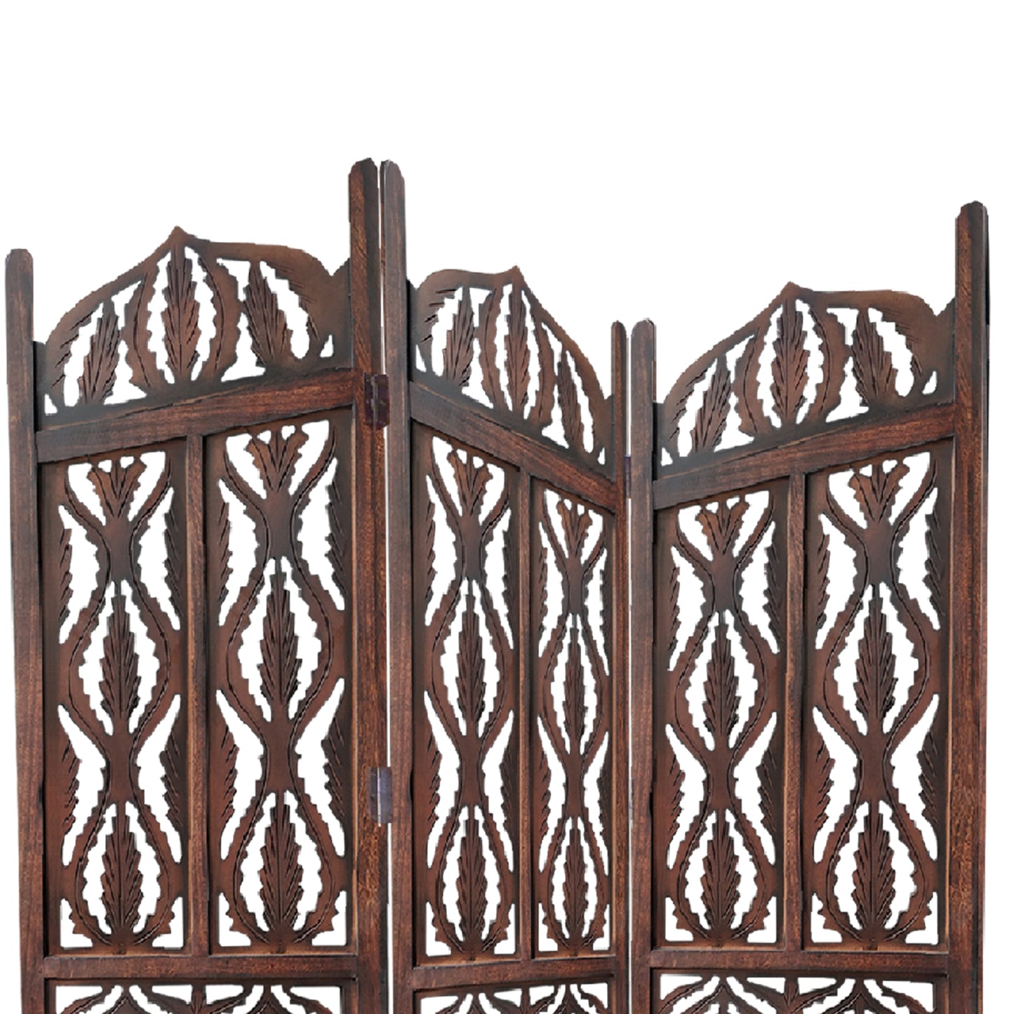 Decorative 3 Panel Mango Wood Screen With Abstract Carvings Brown