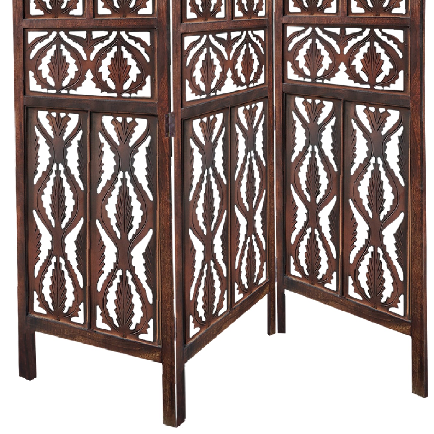 Decorative 3 Panel Mango Wood Screen With Abstract Carvings Brown