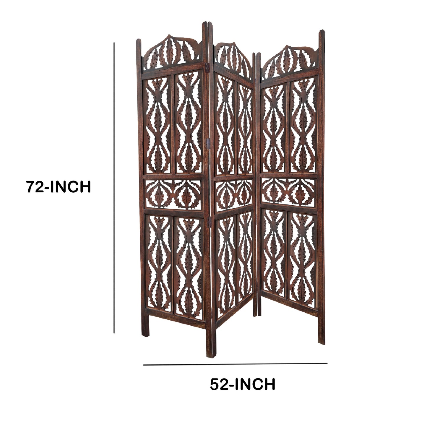 Decorative 3 Panel Mango Wood Screen With Abstract Carvings Brown