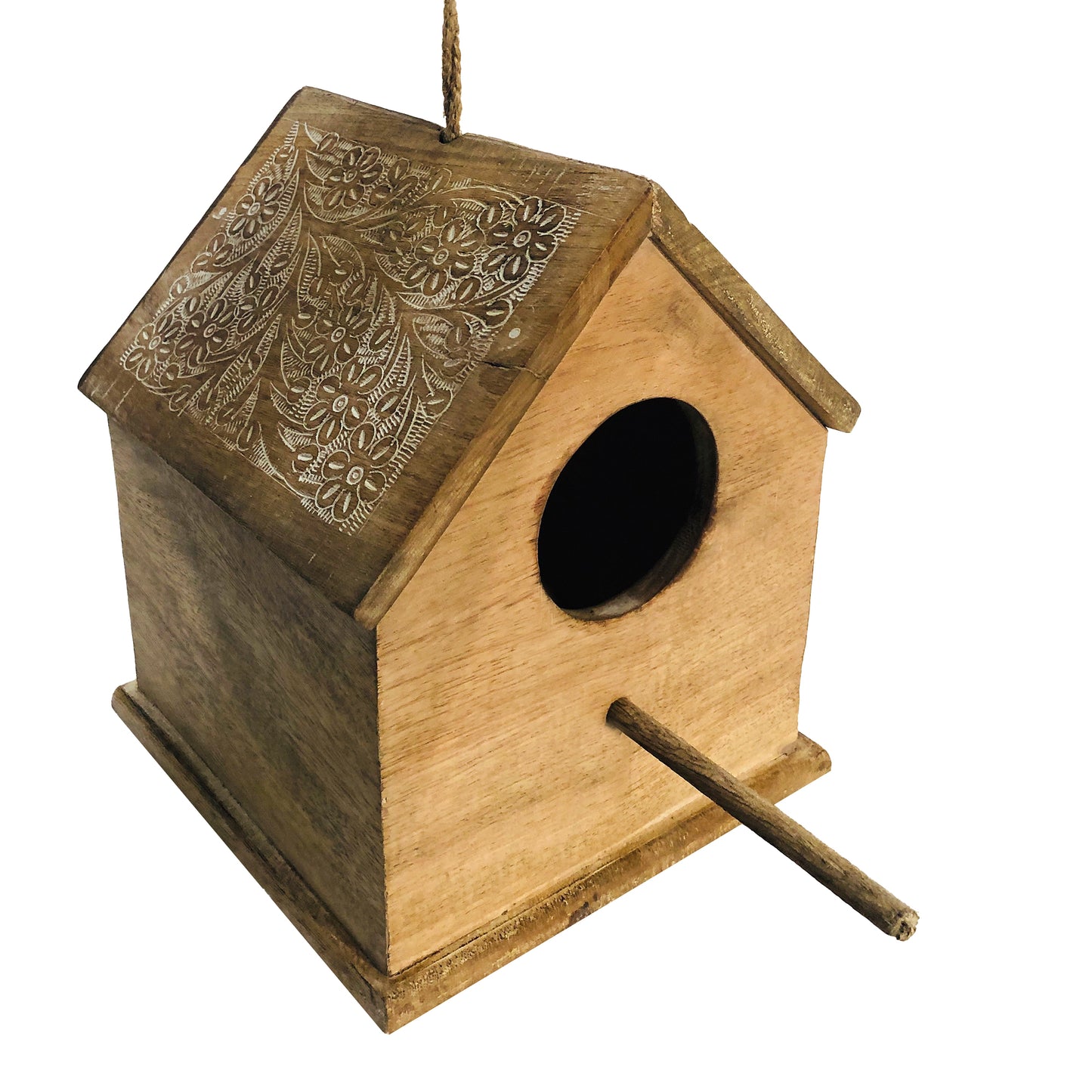 Hut Shape Decorative Mango Wood Hanging Bird House With Engraved Details Distressed Brown
