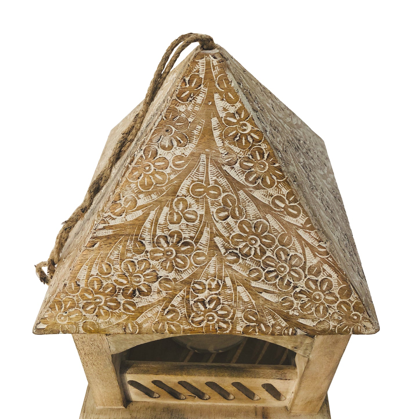 Floral Engraved Decorative Temple Top Mango Wood Hanging Bird House With Feeder Brown