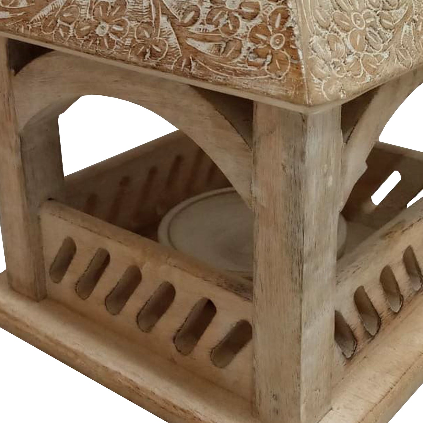 Floral Engraved Decorative Temple Top Mango Wood Hanging Bird House With Feeder Brown