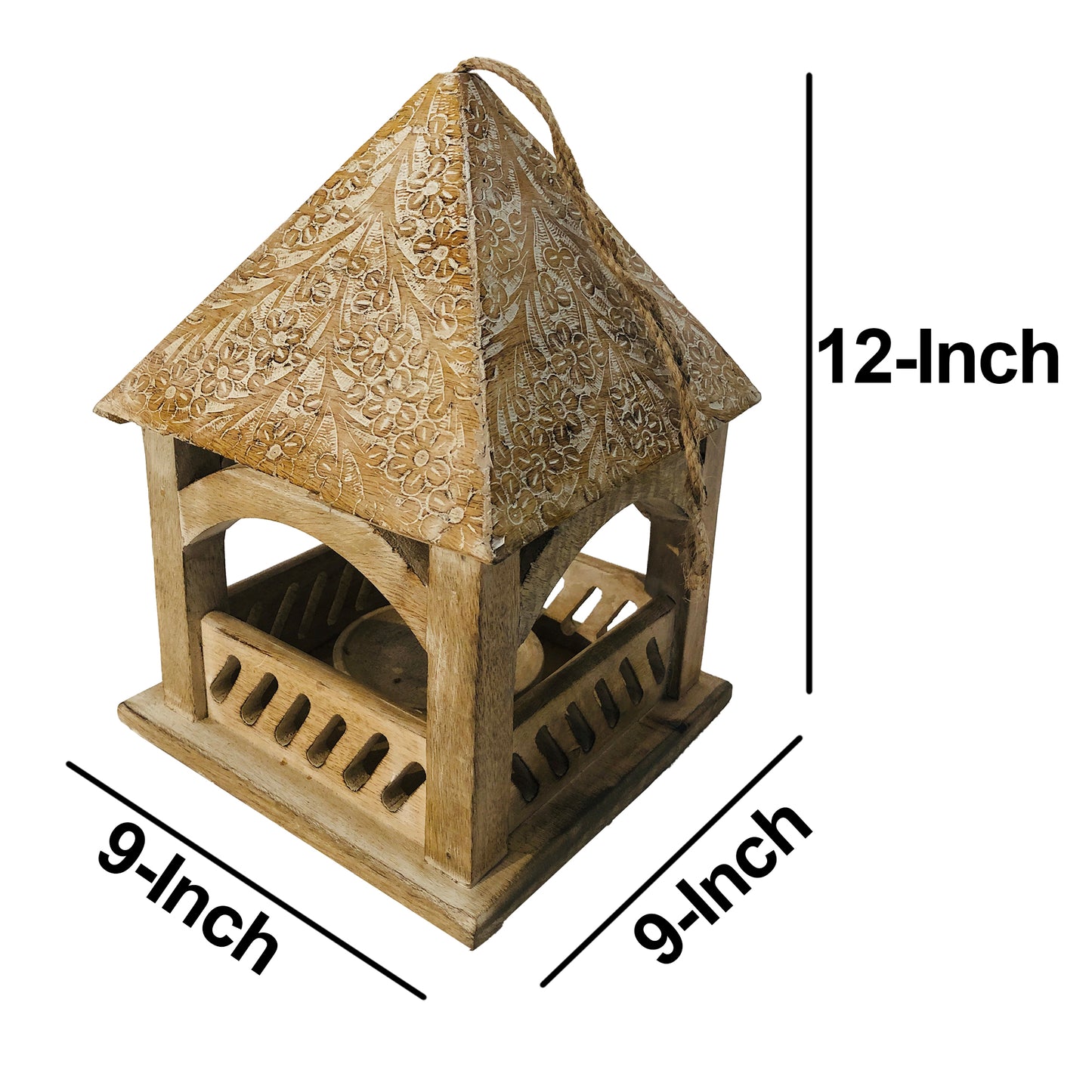 Floral Engraved Decorative Temple Top Mango Wood Hanging Bird House With Feeder Brown