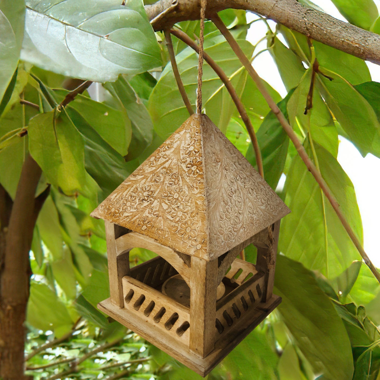 Floral Engraved Decorative Temple Top Mango Wood Hanging Bird House With Feeder Brown