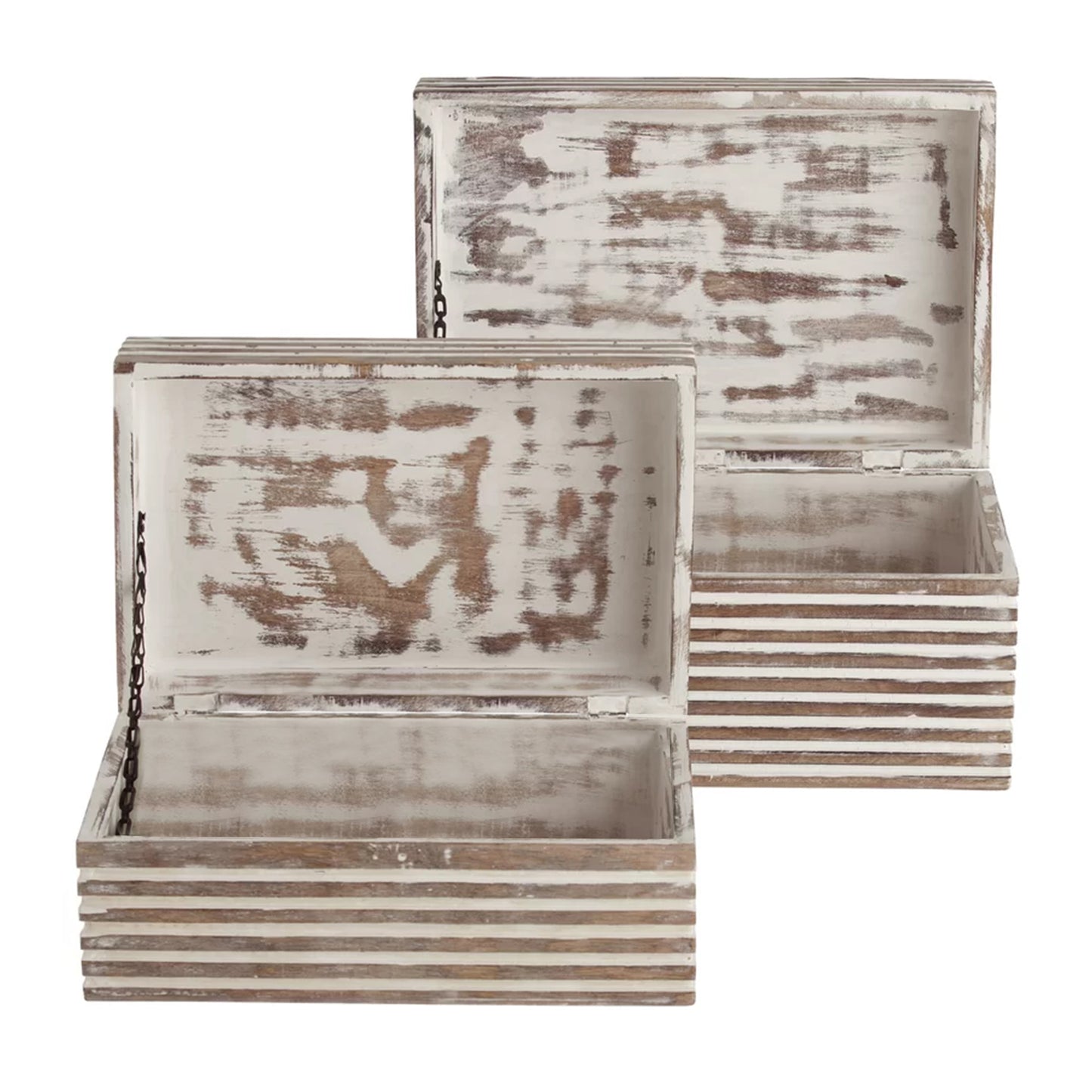 Wooden Decorative Storage Box With Block Stripe Pattern Set Of 2 Whitewash