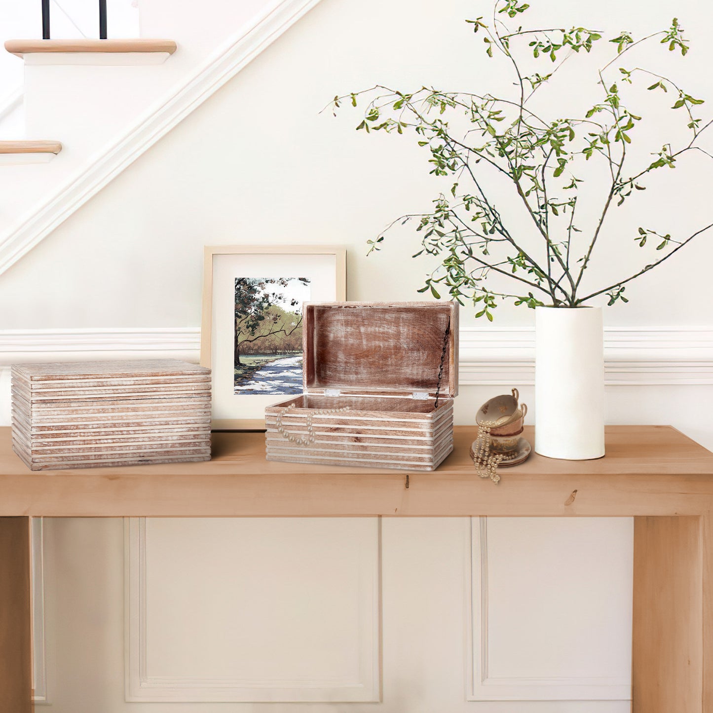 Wooden Decorative Storage Box With Block Stripe Pattern Set Of 2 Whitewash