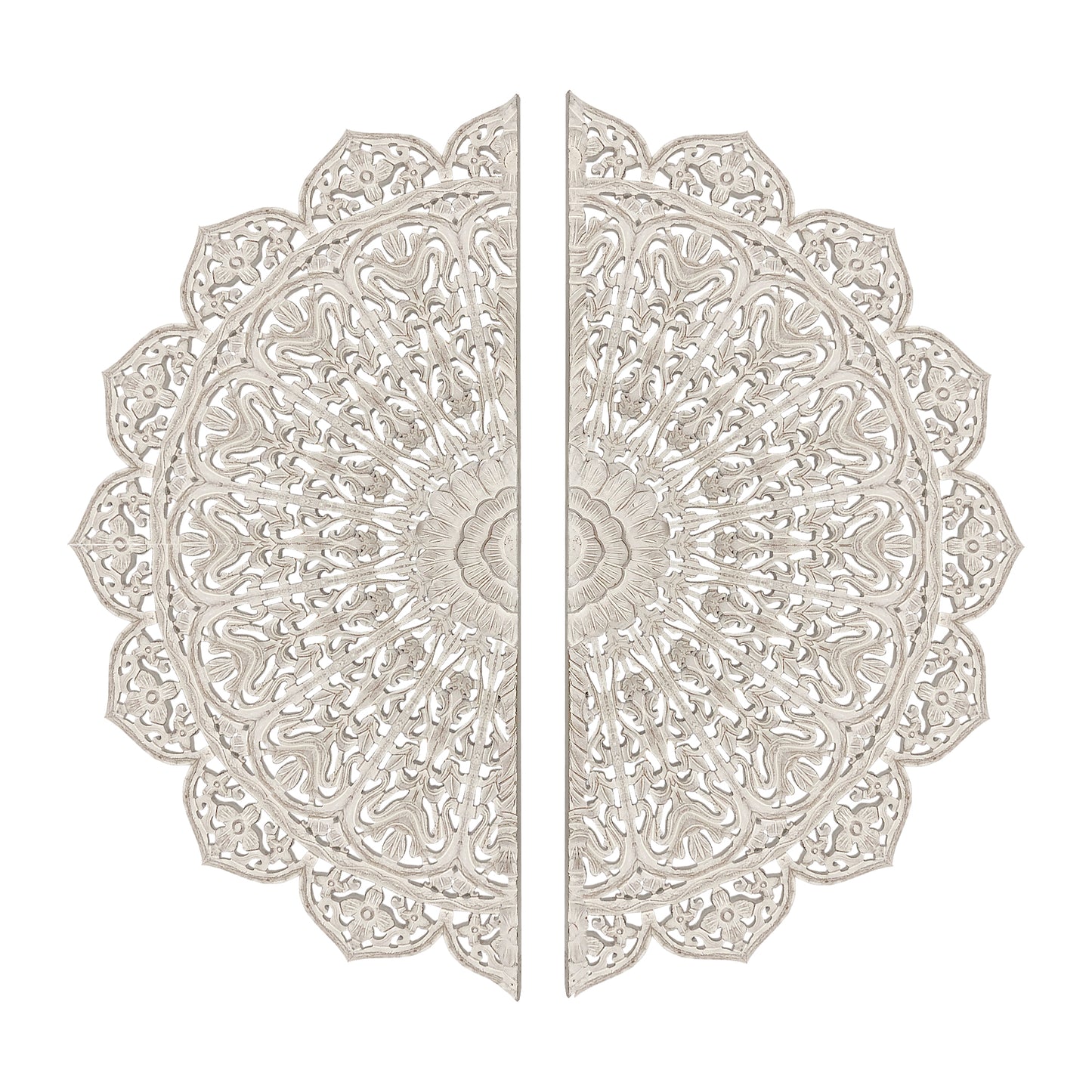 48 Inch Half Moon Hand Carved Floral Mango Wood Wall Panel Decor Antique White