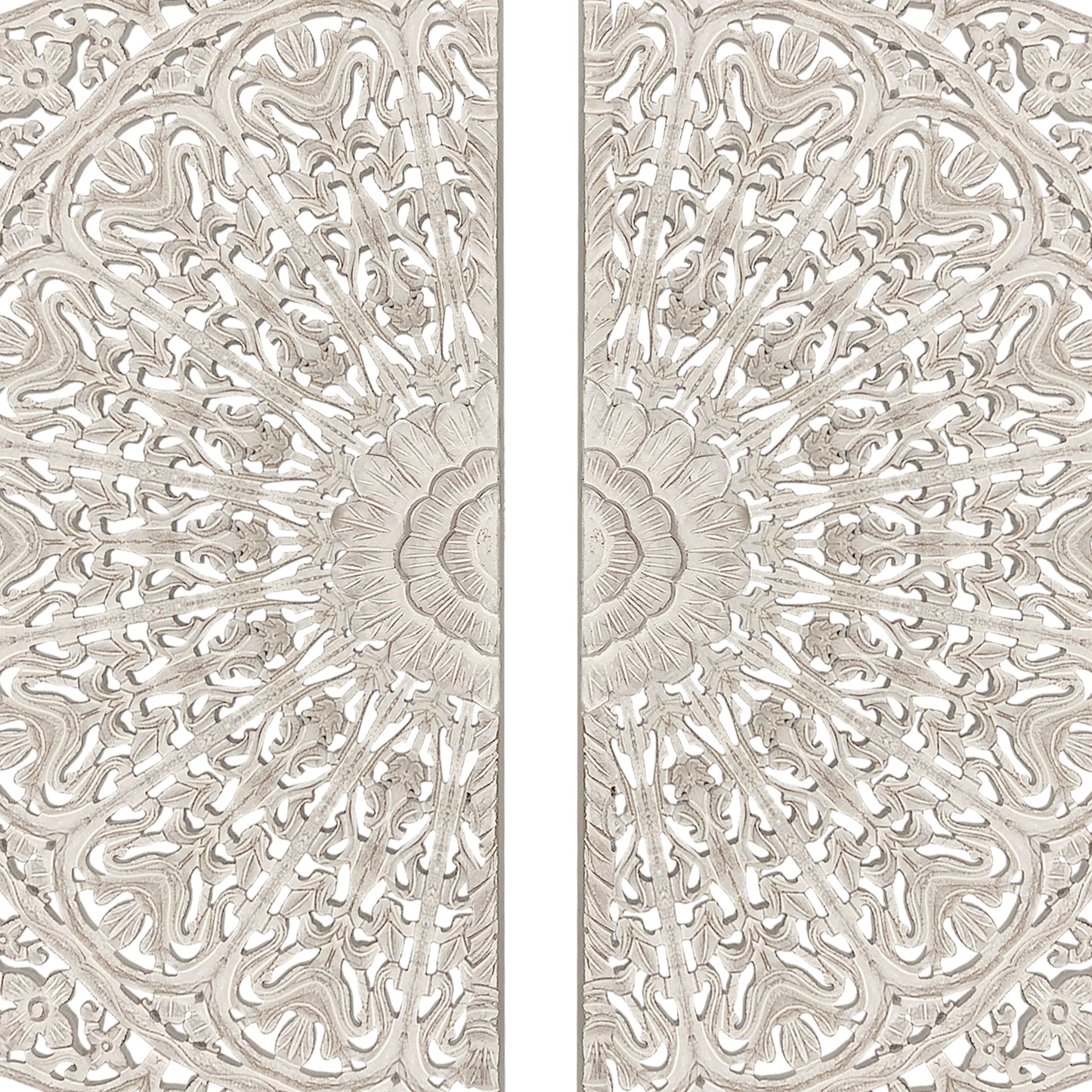 48 Inch Half Moon Hand Carved Floral Mango Wood Wall Panel Decor Antique White