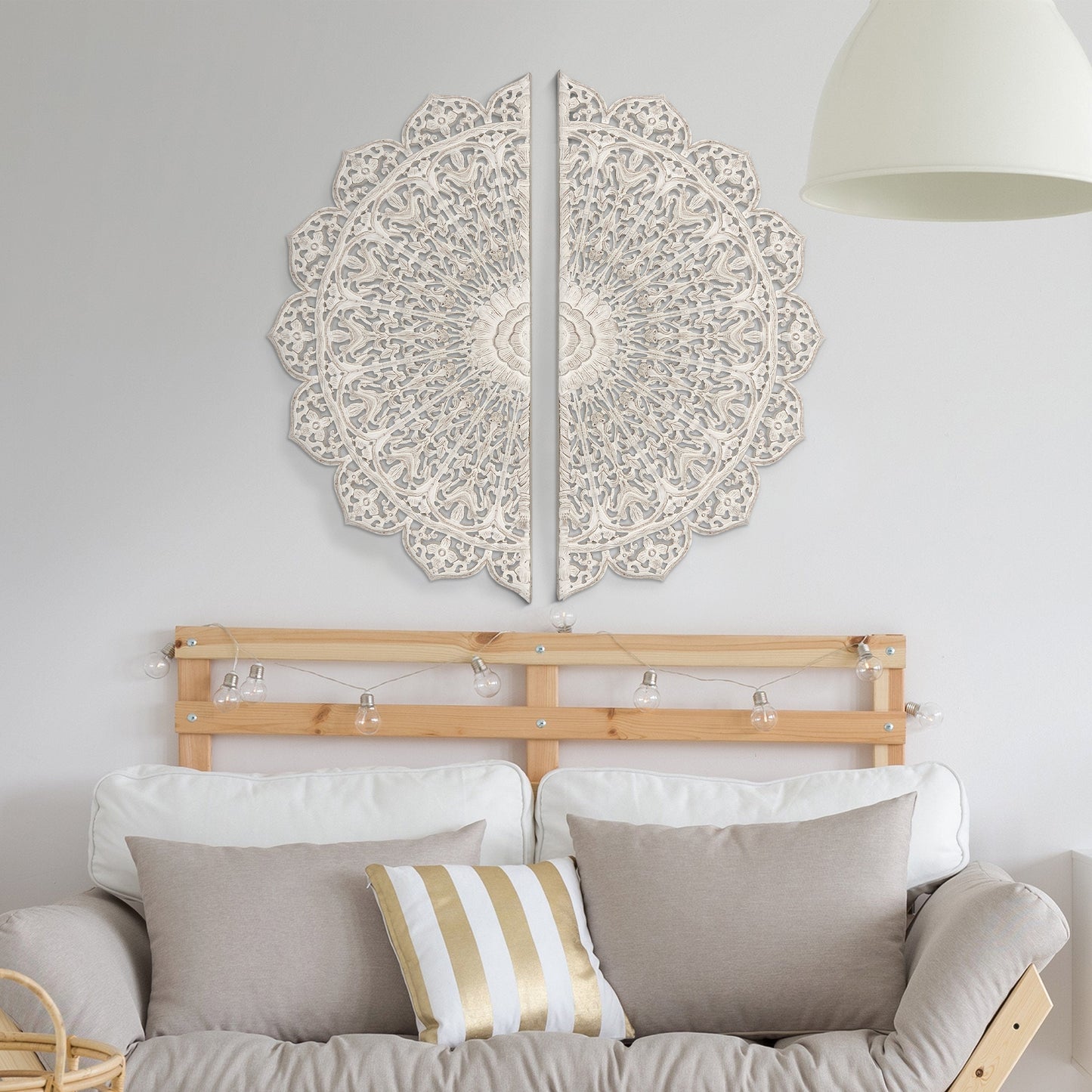 48 Inch Half Moon Hand Carved Floral Mango Wood Wall Panel Decor Antique White