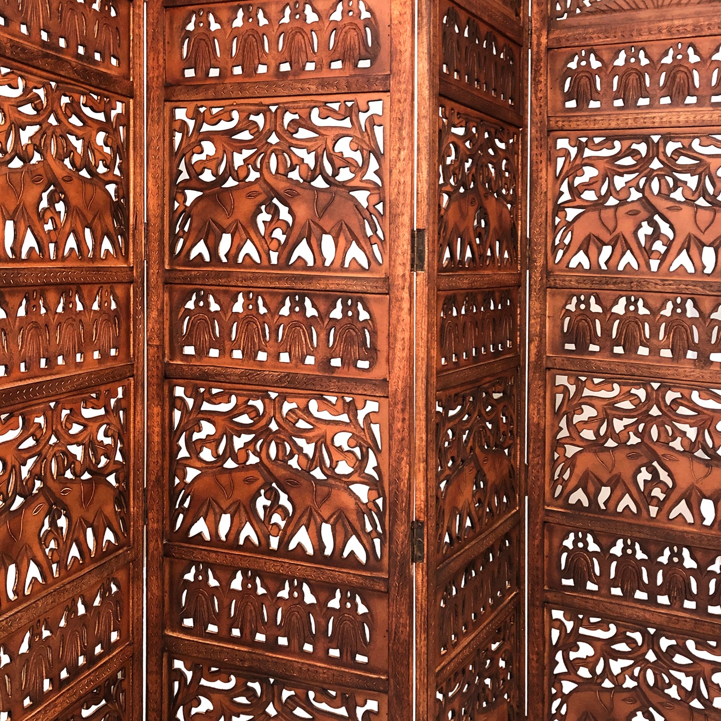 80 Inch Handcrafted 4 Panel Carved Wood Room Divider Screen, Intricate Cutout Details, Brown