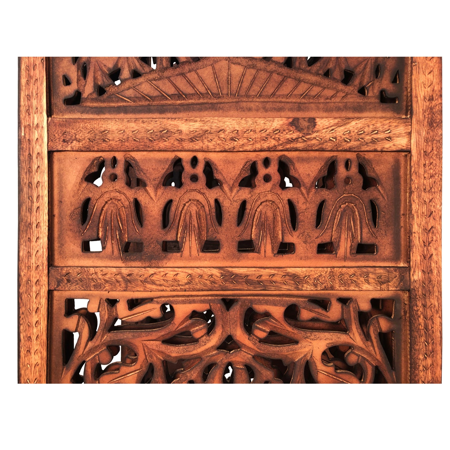 80 Inch Handcrafted 4 Panel Carved Wood Room Divider Screen, Intricate Cutout Details, Brown