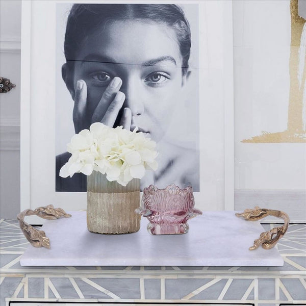 Decor Tray With Marble Frame And Carved Metal Handlez White And Gold