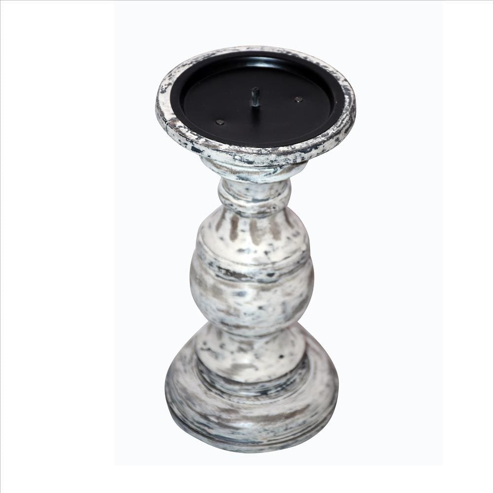 Wooden Candleholder With Turned Pedestal Base Set Of 3 Distressed White And Black