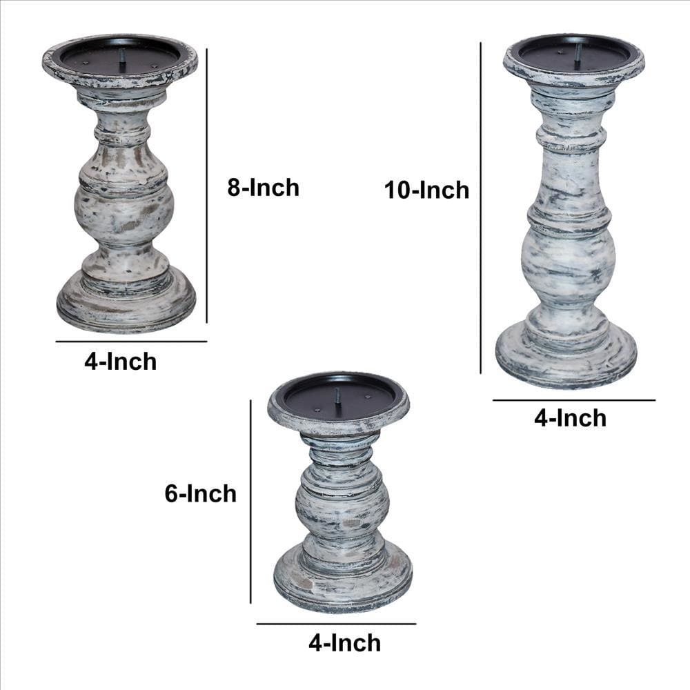 Wooden Candleholder With Turned Pedestal Base Set Of 3 Distressed White And Black
